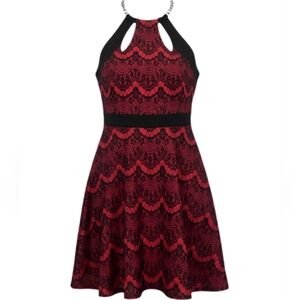 Bebe Women's Red Black Lace Pattern Chain Halter Neck Mini Dress Size XS